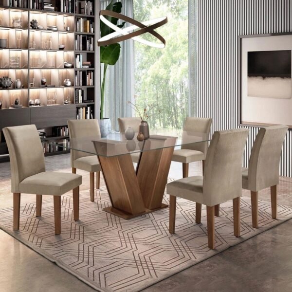 Conjunto Sala de Jantar Mesa Tampo de Vidro 6 Cadeiras Tecido Pena 84 Classic Cel Móveis